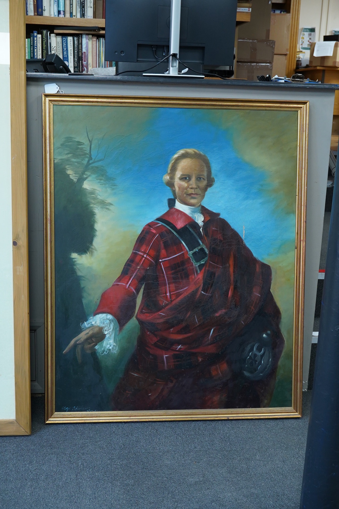 A large decorative oil on canvas, Half length portrait of a Scottish highlander, 125 x 99cm. Condition - poor to fair